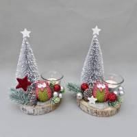 Advents-Gesteck mit Eule, Tanne, Baumscheibe und Teelicht, rote Weihnachts-Tisch-Deko Bild 1