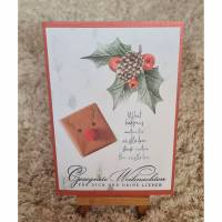 Weihnachtskarte mit Geschenk , Blätter , Tannenzapfen Bild 1