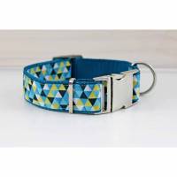 Hundehalsband mit Dreieck Muster, blau, türkis, gelb, geometrisch, Hund, modern, Gurtband, Halsband, Hundeleine Bild 1