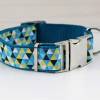 Hundehalsband mit Dreieck Muster, blau, türkis, gelb, geometrisch, Hund, modern, Gurtband, Halsband, Hundeleine Bild 2