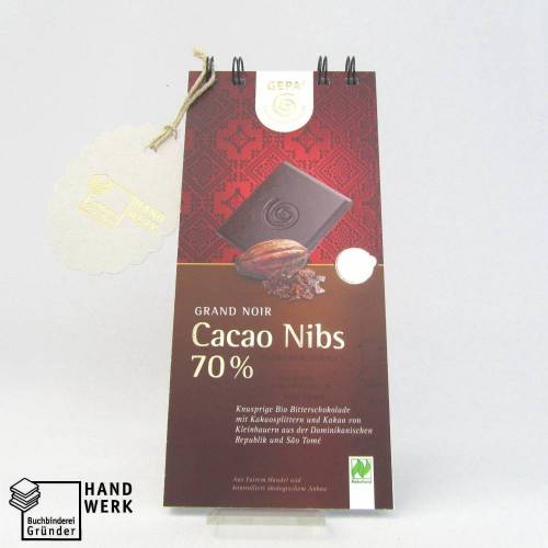 Notizblock, Originalverpackung Schokolade, Cacao Nibs Bitterschokolade, Upcycling