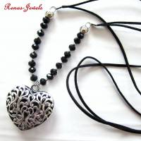 Bettelkette lang schwarz silberfarben Herz Anhänger Perlen Kette Herzkette Perlenkette Bild 1