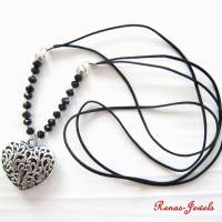 Bettelkette lang schwarz silberfarben Herz Anhänger Perlen Kette Herzkette Perlenkette Bild 8