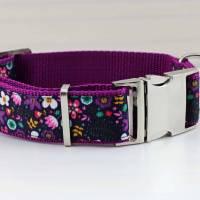 Hundehalsband mit Blumen, lila, schwarz, türkis, Blüten, Hund, modern, Gurtband, Halsband, Hundeleine, floral, geblümt Bild 2