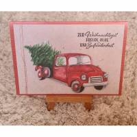 Weihnachtskarte mit Auto , Tannenbaum , Rot Bild 1