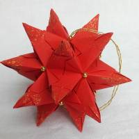 Mini-Bascetta-Stern, ca. 6 cm, Rot-Gold, mit Aufhängeband, Perlen und Goldglitzer, Weihnachtsstern, Origami Faltstern Bild 1