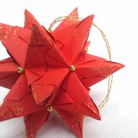 Mini-Bascetta-Stern, ca. 6 cm, Rot-Gold, mit Aufhängeband, Perlen und Goldglitzer, Weihnachtsstern, Origami Faltstern Bild 2