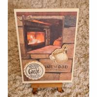 Weihnachtskarte mit Holzoptik , heiße Schokolade , Kamin Bild 1