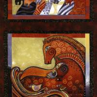 Panel mit Pferden in Bewegung in kräftigen blau, lila Farbtönen von der Designerin Laurel Burch. Bild 2