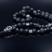 Herren Schädel Halskette aus Edelsteinen Zirkonia Obsidian Lava Onyx Hämatit mit Knotenverschluss, Länge 70 cm Bild 2