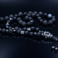 Herren Schädel Halskette aus Edelsteinen Zirkonia Obsidian Lava Onyx Hämatit mit Knotenverschluss, Länge 70 cm Bild 8