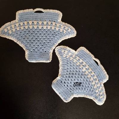 Vintage gehäkelte Topflappen blau – Küchenhelfer Set, Blumenkörbchen, Deckelhalter, Baumwolle, Handarbeit, Unikat