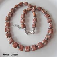 Edelstein Kette Jaspis Perlen quadratisch braun marmoriert silberfarben Collier Edelsteinkette Bild 1