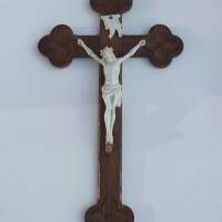 Vintage Kruzifix aus Holz mit Porzellan Jesus Bild 1
