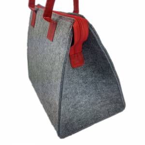 Filztasche mit Lederhenkel Shopper Damentasche Handtasche Einkaufstasche Shopping bag für Damen grau rot Bild 2