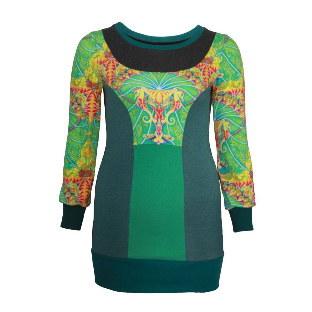 Farbenfroher Designer Pulli -Eco Fashion Art Print *Seepferdchen*grün-100% Biobaumwolle-Sweatshirt Kleid Langarm Bild 1