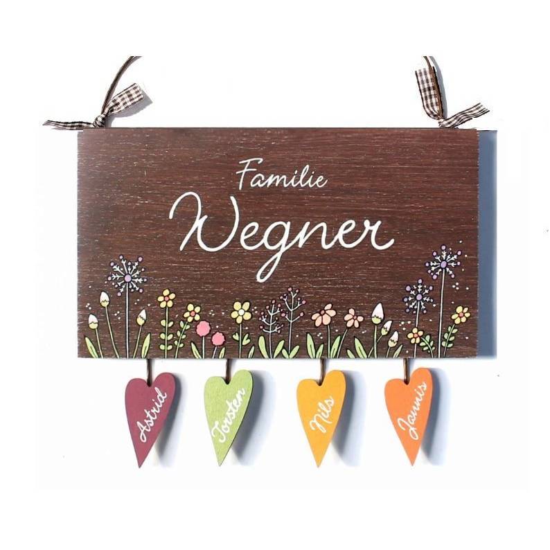 Namensschild Floral, Blumenwiese Pusteblume, Türschild Holz personalisiert, Namensschild Familie handbemalt mit Herzanhänger Bild 1