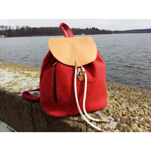 Venetto Filzrucksack Tasche Rucksack aus Filz und Leder Elementen sehr leicht, Rot meliert