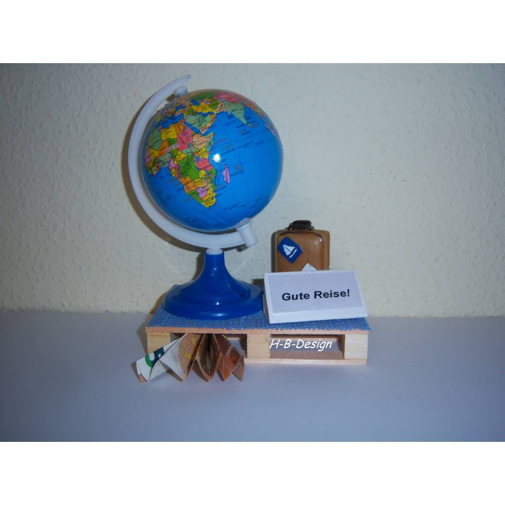Geldgeschenk, Reise-Gutschein, Holzpalette mit Globus für die Reise, Geschenk, Geldgeschenkverpackung, Geburtstag, Reise Bild 1