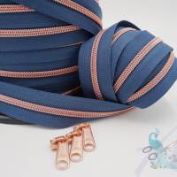 1m endlos Reißverschluss inkl. 3 Zippern - breit metallisiert jeansblau - kupfer