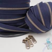 1m endlos Reißverschluss inkl. 3 Zippern - breit metallisiert mitternachtsblau - altmessing Bild 1