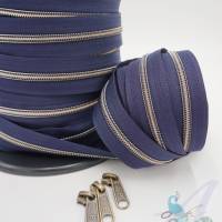 1m endlos Reißverschluss inkl. 3 Zippern - breit metallisiert mitternachtsblau - altmessing Bild 2