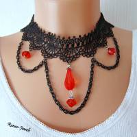 Kropfband Kropfkette schwarz rot Spitze Tropfen Perlen Gothic Halsband Choker Kette Bild 1