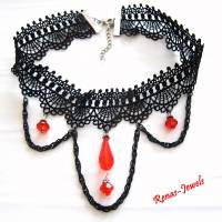 Kropfband Kropfkette schwarz rot Spitze Tropfen Perlen Gothic Halsband Choker Kette Bild 2