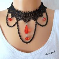 Kropfband Kropfkette schwarz rot Spitze Tropfen Perlen Gothic Halsband Choker Kette Bild 3