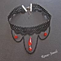 Kropfband Kropfkette schwarz rot Spitze Tropfen Perlen Gothic Halsband Choker Kette Bild 4