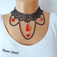 Kropfband Kropfkette schwarz rot Spitze Tropfen Perlen Gothic Halsband Choker Kette Bild 5