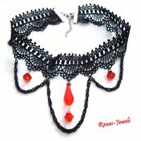 Kropfband Kropfkette schwarz rot Spitze Tropfen Perlen Gothic Halsband Choker Kette Bild 6