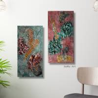 Acrylbild, Einzigartige Collage in Rotbraun und Tannengrün auf Leinwand, Duo, Wandbild, Kunst Bild 1