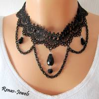 Kropfband Kropfkette schwarz silberfarben Spitze Tropfen Perlen Gothic Halsband Choker Kette Bild 1