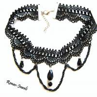 Kropfband Kropfkette schwarz silberfarben Spitze Tropfen Perlen Gothic Halsband Choker Kette Bild 2