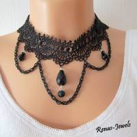 Kropfband Kropfkette schwarz silberfarben Spitze Tropfen Perlen Gothic Halsband Choker Kette Bild 4