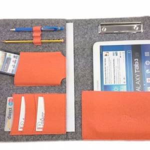 DIN A4 Organizer Einband mit Halteklammer Tasche Hülle für Tablet eBook smartphone, Grau Orange Bild 1