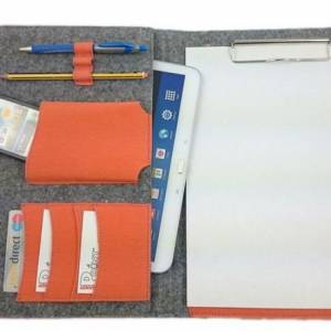 DIN A4 Organizer Einband mit Halteklammer Tasche Hülle für Tablet eBook smartphone, Grau Orange Bild 2
