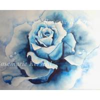 Blue Rose Aquarellbild handgemalt inverschiedenen Blautönen 30 x 41 cm Querformat Bild 1