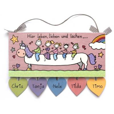 Geschenk Hauseingangsschild für die ganze Familie, Türschild aus Holz personalisiert mit Einhorn, Figuren und Namen