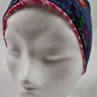 Mütze zum Wenden für 3-5 Jahre / Kopfumfang 48 cm, Jeansoptik mit Patches und pink mit Blumenornament Bild 3