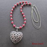 Bettelkette lang rot silberfarben Herz Anhänger Kette Herzkette Perlenkette Perlen Bild 1