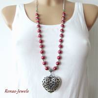 Bettelkette lang rot silberfarben Herz Anhänger Kette Herzkette Perlenkette Perlen Bild 2