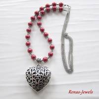 Bettelkette lang rot silberfarben Herz Anhänger Kette Herzkette Perlenkette Perlen Bild 3
