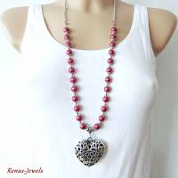 Bettelkette lang rot silberfarben Herz Anhänger Kette Herzkette Perlenkette Perlen Bild 4