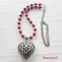 Bettelkette lang rot silberfarben Herz Anhänger Kette Herzkette Perlenkette Perlen Bild 5