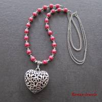 Bettelkette lang rot silberfarben Herz Anhänger Kette Herzkette Perlenkette Perlen Bild 6