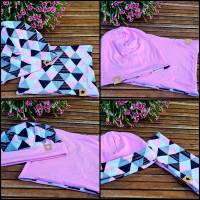 6in1 Beanie Mütze & Loop Schal/Halssocke Set - Dreiecke rosa schwarz grau weiß Bild 1