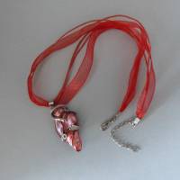 Halskette mit Perlmuttanhänger, rot silber, 40 + 4 cm, Kette mit Anhänger, Karabiner, Schmuck, Muschel Bild 1