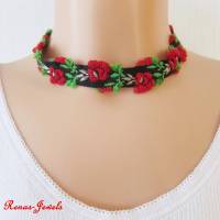 Kropfband mit Rosen Blumen Trachten Halsband Choker rot grün schwarz weiß Bild 1